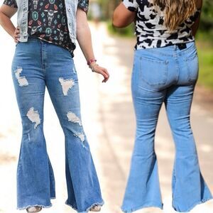 Medium Wash Distressed Flare Jeans | High Rise Stretch | Raw Hem | Plus Size | 🆕